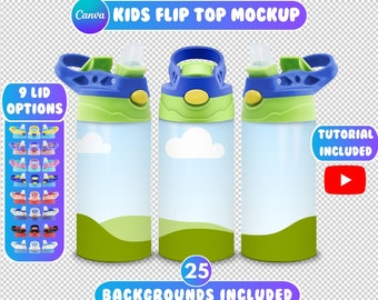 Kids Flip Top Mockup, Drag and Drop Mockup, 12oz Kids Tumbler, Canva Flip Top Mockup, Kids Sippy Cup Mockup, 25 Backgrounds Included