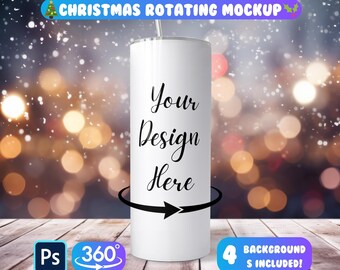 May include: White stainless steel tumbler with a black arrow and the text "Your Design Here" on a snowy background with bokeh lights.  The tumbler is on a wooden surface.  The image includes the text "360°" and "4 Backgrounds Included!"
