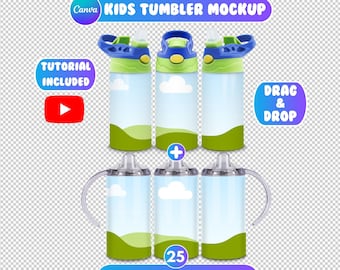 Kids Tumbler Mockup Bundle, Drag and Drop Mockup, 12oz Kids Tumbler, Canva Flip Top Mockup, Kids Sippy Cup Mockup, 25 Backgrounds Included