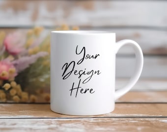 Puede incluir: Taza de cerámica blanca con una inscripción negra que dice "Your Design Here". La taza está sobre una superficie de madera con un ramo de flores en el fondo.