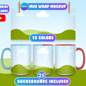 Puede incluir: Maqueta de envoltura de taza con 12 colores y 25 fondos incluidos. La maqueta muestra una taza blanca con un borde y un asa azules, una taza blanca con un borde y un asa rojos, y una taza blanca con un borde y un asa rojos. Las tazas están colocadas sobre un fondo de cielo azul con nubes blancas y colinas verdes.