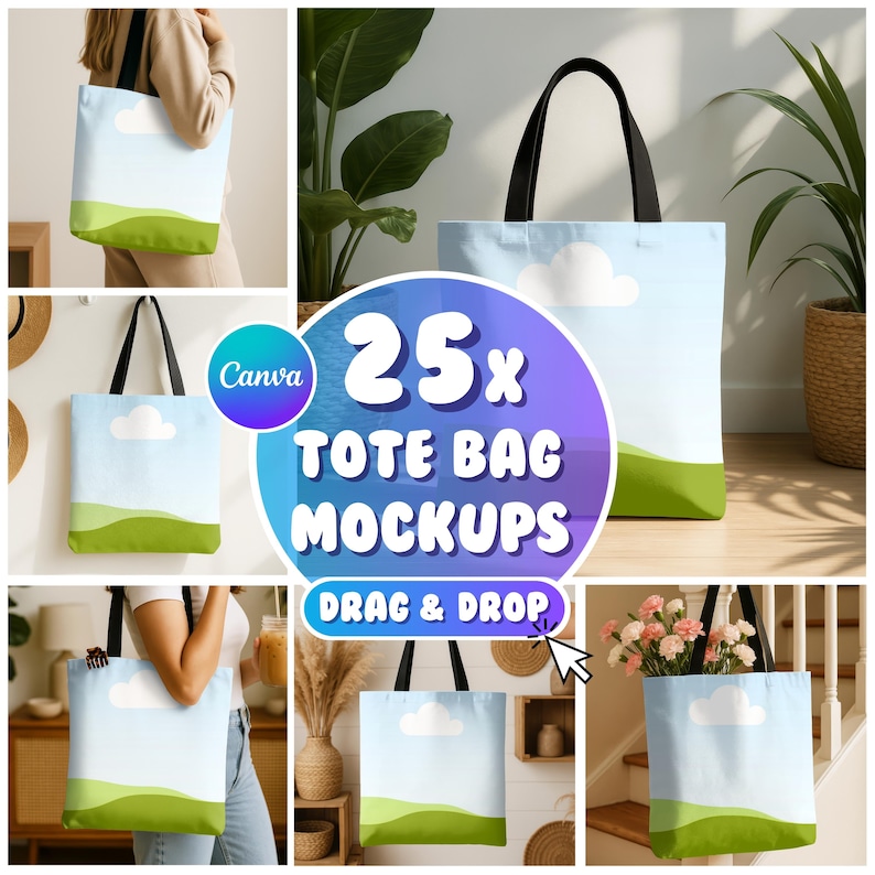 May include: 25 tote bag mockups with a drag and drop design feature. The tote bags are white with a light blue sky and green grass design. The text "Canva" is visible in the image.