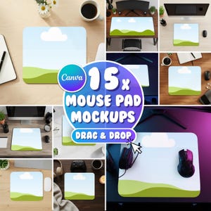 May include: A collection of 15 mouse pad mockups with a landscape design featuring a blue sky, white clouds, and green hills. The Canva logo is visible. The words "MOUSE PAD MOCKUPS" and "DRAG & DROP" are also displayed.