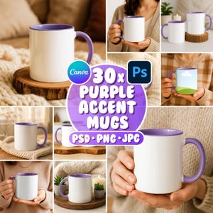 30x Purple Accent Mug Mockup Bundle, PSD PNG JPG Mug Mockup, Printify Mug, Smart Object, Photoshop Mockup, 11 oz Red Mug Handle