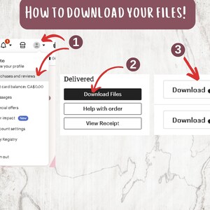 May include: A screenshot of a computer screen showing how to download files on Etsy. The screen shows a menu with options like "Purchases and reviews", "Gift card balance", "Messages", "Special offers", "Your impact", "Account settings", and "Etsy Registry". The screen also shows a button that says "Download Files" and a button that says "Help with order".