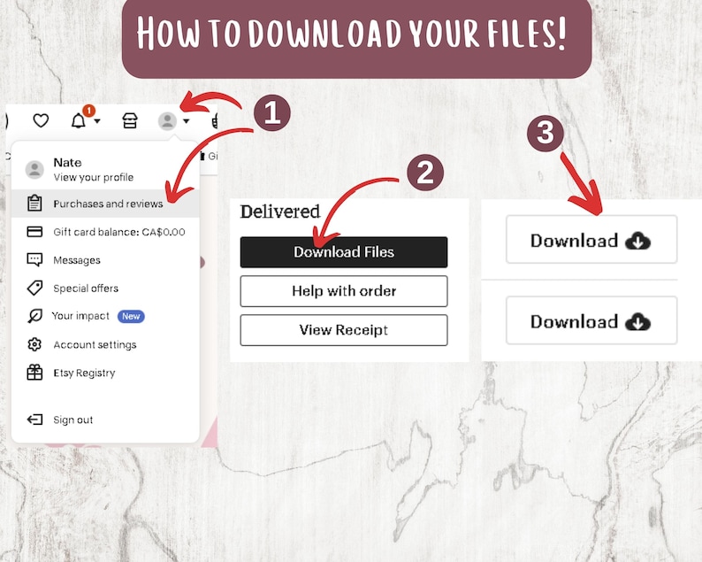 May include: A screenshot of a computer screen showing how to download files on Etsy. The screen shows a menu with options like "Purchases and reviews", "Gift card balance", "Messages", "Special offers", "Your impact", "Account settings", and "Etsy Registry". The screen also shows a button that says "Download Files" and a button that says "Help with order".