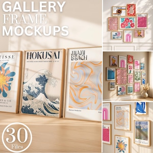 May include: Gallery frame mockups showcasing diverse art prints, including a Hokusai wave and abstract designs. The frames are arranged in a gallery wall, with the text "30 Files" at the bottom. The prints are in wooden frames.