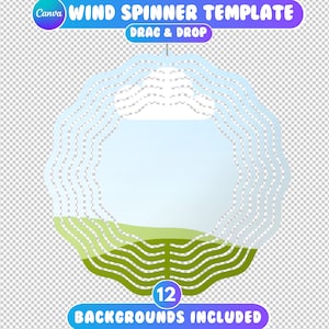 Puede incluir: Una plantilla de molinillo de viento azul y verde con 12 fondos incluidos. La plantilla presenta un diseño circular con líneas onduladas y una nube en el centro. El texto "WIND SPINNER TEMPLATE" y "DRAG & DROP" están en la parte superior de la imagen. El texto "12 BACKGROUNDS INCLUDED" está en la parte inferior de la imagen.
