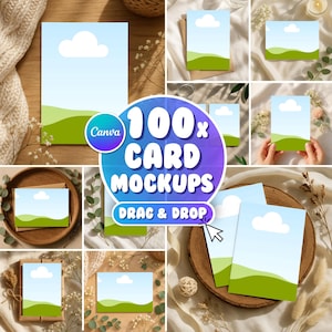 Könnte beinhalten: Eine Sammlung von Karten-Mockups mit blauem Himmel und grünem Landschaftsdesign, mit einer weißen Wolke. Das Bild enthält den Text "100x CARD MOCKUPS" und "DRAG & DROP". Die Mockups werden auf verschiedenen Oberflächen mit dekorativen Elementen angezeigt.