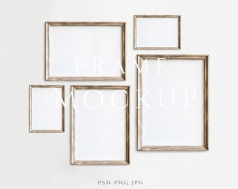 Mockup met 5 lijsten A4 | Rustiek lijstmodel | Mockup voor antieke muurkunst | 5 houten mockup-frames | Vintage lijstmodel | ISO-framemodel | PSD-PNG