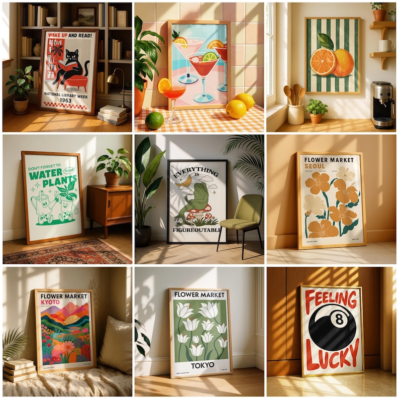 May include: A collection of framed art prints with various designs. One features a black cat reading, another shows cocktails, and others display botanical and floral themes. The prints are in a variety of colors, including orange, green, and red.