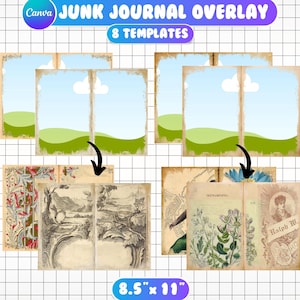 Modelos de sobreposição de diário de lixo Canva, páginas de diário de lixo DIY, álbum de recortes vintage, modelo de moldura vintage Canva de 8,5" x 11", 8 modelos