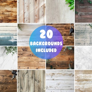 Pu&ograve; includere: Un collage di 20 diversi sfondi in legno e texture, tra cui assi di legno, legno dipinto, marmo e cemento. Il testo "20 BACKGROUNDS INCLUDED" &egrave; visualizzato in un cerchio blu.