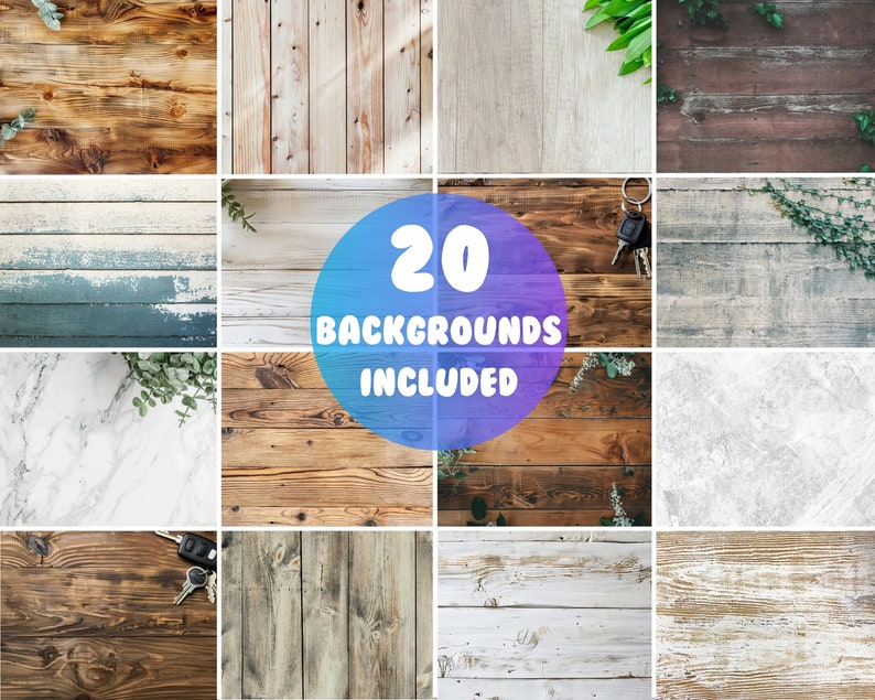Pu&ograve; includere: Un collage di 20 diversi sfondi in legno e texture, tra cui assi di legno, legno dipinto, marmo e cemento. Il testo "20 BACKGROUNDS INCLUDED" &egrave; visualizzato in un cerchio blu.