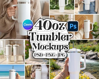 Puede incluir: Una colección de vasos blancos de 1,18 litros con asas y pajitas. La imagen incluye maquetas con el texto "40oz Tumbler Mockups" e indicadores de tipo de archivo "PSD PNG JPG". Los vasos se muestran en varios entornos interiores y exteriores.