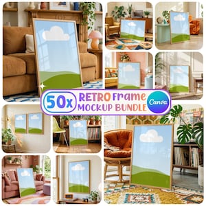 Può includere: Una collezione di mockup di arte incorniciata con un design paesaggistico con cielo blu, nuvola bianca e colline verdi. Le cornici hanno una finitura in legno chiaro. Il testo sull'immagine recita "50x Retro Frame Mockup Bundle" e "Canva".