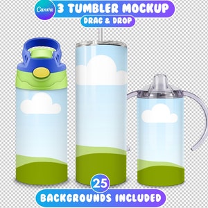 Puede incluir: Tres estilos diferentes de vasos con un diseño de cielo azul y hierba verde. Los vasos son todos de acero inoxidable y tienen un diseño de nube blanca. El texto "3 TUMBLER MOCKUP" y "DRAG & DROP" está en la parte superior de la imagen. El texto "25 BACKGROUNDS INCLUDED" está en la parte inferior de la imagen.