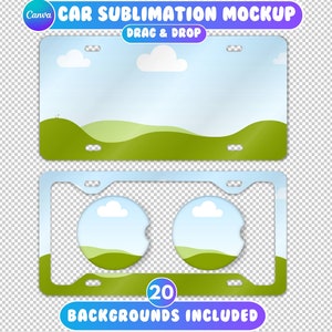 May include: A mockup of a car license plate with a green grassy hill and blue sky background. The plate is white with a blue border. The text "CAR SUBLIMATION MOCKUP" is in purple and blue text. The text "DRAG & DROP" is in white text. The text "20 BACKGROUNDS INCLUDED" is in blue text.