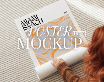 May include: A white poster mockup with the words "Miami Beach" and "Poster Mockup" in black and white. The poster has an abstract design in orange and blue. A person is rolling the poster.
