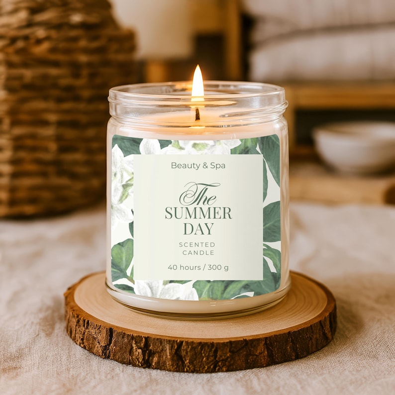 May include: A lit scented candle in a glass jar with a label that reads "The Summer Day." The label has a floral design with green leaves and white flowers. The candle sits on a wooden slice and is labeled "40 hours / 300 g."