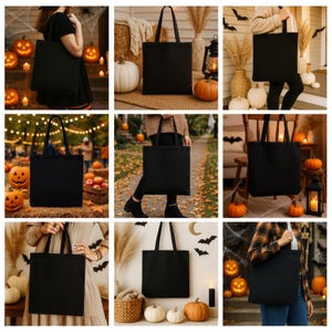 Op de afbeelding: Een reeks zwarte tote bags met lange hengsels, gepresenteerd in herfstachtige omgevingen. De afbeeldingen tonen Halloween-decoraties zoals pompoenen, kaarsen en herfstbladeren. De tassen worden in verschillende poses getoond.