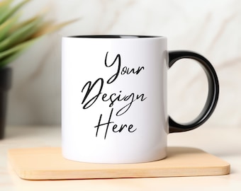 Black And White Mug Mockup | 11 oz Coffee Mug Mockup | Office Mug Mockup | 11 oz Black Handle Mockup | Cozy Mug Mockup | Styled Mug Mockup