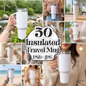 Puede incluir: Se muestran tazas de viaje aisladas blancas con asas y pajitas de acero inoxidable en varios entornos. Las tazas tienen una base acanalada y una tapa transparente. La imagen incluye el texto "50 Insulated Travel Mug PSD JPG."