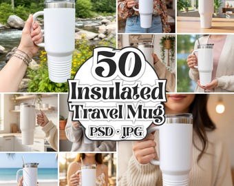 50x Insulated 40oz Travel Mug Mockup Bundle: PSD Smart Objects + JPG Images