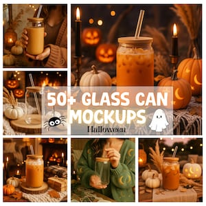 May include: A collection of 50+ glass can mockups for Halloween. The mockups feature various glass cans with straws, filled with a light orange liquid. The cans are placed on a variety of surfaces, including wood, fabric, and a fireplace mantel. The mockups are decorated with Halloween-themed props, such as pumpkins, candles, and a ghost.