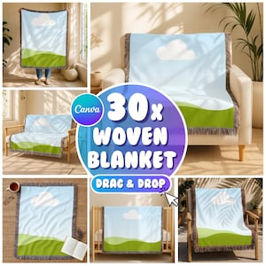 May include: Woven blanket with a landscape design featuring a blue sky, white cloud, and green hills. The blanket has a fringed edge. The image also includes the text "30x WOVEN BLANKET" and "DRAG & DROP".