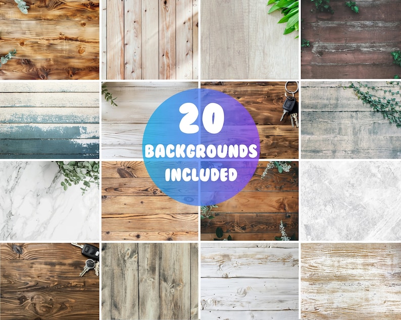 Op de afbeelding: Een collage van 20 verschillende houten en textuur achtergronden, waaronder houten planken, geschilderd hout, marmer en beton. De tekst "20 BACKGROUNDS INCLUDED" wordt weergegeven in een blauwe cirkel.