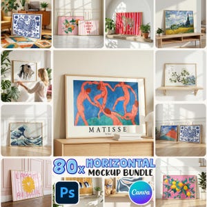 May include: A selection of framed art prints showcasing diverse styles, including floral, abstract, and landscape themes. The prints feature varied colour schemes and designs, with some incorporating text. The image also includes a mockup bundle advertisement.