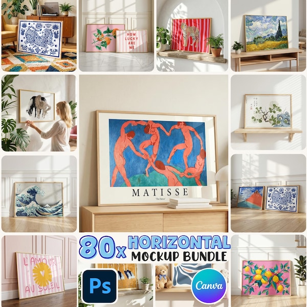 80x Horizontal Frame Mockup Bundle: PSD Frame Mockups, Canva Drag & Drop Templates (Digital Download)