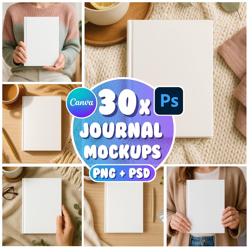 May include: A collection of journal mockups with white covers, displayed in various settings. The image includes the text "30x JOURNAL MOCKUPS PNG + PSD" with Canva and Photoshop logos. Some journals are held by hands, others rest on surfaces with coffee cups and pens.