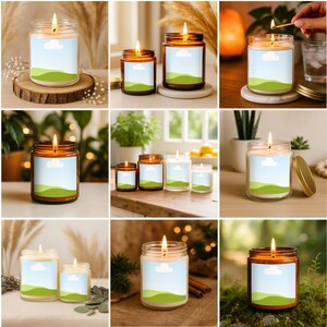 May include: Several lit candles in glass jars with labels featuring a blue sky, green hills, and a white cloud design. The candles are in various sizes and are placed on wooden surfaces and coasters. The flames are bright and the jars have lids.