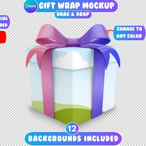 May include: A blue gift box with a pink and purple ribbon. The box has a cartoon design of a cloud and a green hill. The text "12 BACKGROUNDS INCLUDED" is at the bottom of the image.