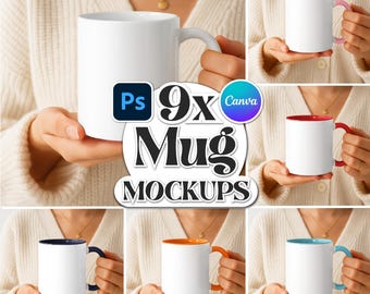 9x Printify Mug Mockup Bundle, Photoshop Mockup, Accent Mug Mockup, PSD PNG JPG Mug Mockups, 11 oz Mug Mockup, Mug Wrap Mockup, Smart Object