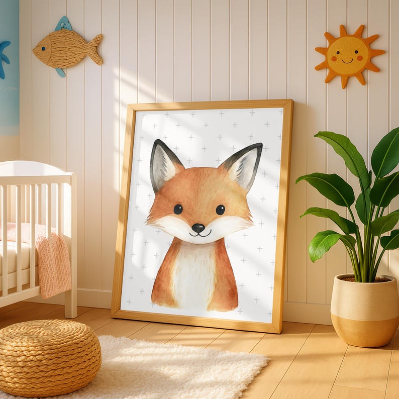 K&ouml;nnte beinhalten: Ein gerahmter Aquarelldruck eines freundlichen Fuchses mit orange-wei&szlig;em Fell, schwarzen Ohren und einem l&auml;chelnden Gesicht. Das Kunstwerk wird in einem hellen Holzrahmen pr&auml;sentiert, der an einer wei&szlig;en Wand in einem Kinderzimmer lehnt.
