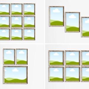 May include: Nine framed landscape prints with a green field, blue sky, and white clouds. The frames are a light brown wood with a distressed finish. The prints are arranged in a grid pattern on a white wall.