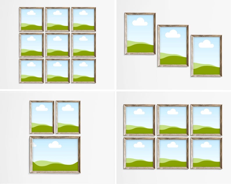 May include: Nine framed landscape prints with a green field, blue sky, and white clouds. The frames are a light brown wood with a distressed finish. The prints are arranged in a grid pattern on a white wall.