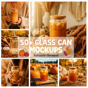 May include: A collage of images showcasing glass can mockups with autumn themes. The images feature glass cans with bamboo lids and straws, filled with iced beverages. Pumpkins and fall foliage are also present, with text that reads "50+ GLASS CAN MOCKUPS Autumn themed."