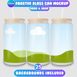 May include: Three frosted glass cans with wooden lids and clear straws. Each can has a different background image of a blue sky with white clouds and green hills. The text "25 BACKGROUNDS INCLUDED" is at the bottom of the image.