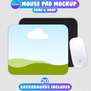 以下が含まれることがあります： 青い空、白い雲、緑の丘のデザインの、マウスパッドのモックアップ。白いコンピューターマウスがマウスパッドの横に置かれています。画像の上部に「MOUSE PAD MOCKUP」と「DRAG & DROP」のテキストがあります。画像の下部に「20 BACKGROUNDS INCLUDED」のテキストがあります。