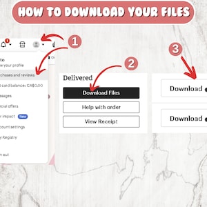 K&ouml;nnte beinhalten: Eine Schritt-f&uuml;r-Schritt-Anleitung zum Herunterladen von Dateien. Das Bild zeigt einen Screenshot mit roten Pfeilen, die auf die Schritte zeigen: Profil anzeigen, K&auml;ufe und Bewertungen, Dateien herunterladen und Download-Schaltfl&auml;che.