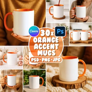 Puede incluir: Mugs de cerámica blanca con asas e interiores de color naranja se muestran en varios entornos. La imagen incluye el texto "30x ORANGE ACCENT MUGS" con "PSD PNG JPG" debajo. Los mugs se muestran sobre posavasos de madera y otras superficies.