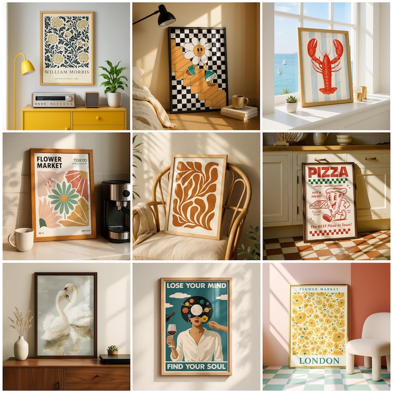 May include: A collection of framed art prints featuring various designs. The prints include floral patterns, a smiling daisy, a lobster, abstract shapes, a pizza advertisement, swans, a woman with a record, and a floral design with the text "LONDON".