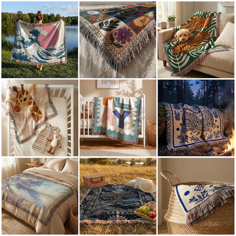 50 Woven Blanket Mockups: Printify Woven Blanket Mockup, Tapestry Blanket Mockup, PSD & Canva Templates image 5