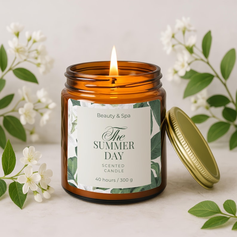 May include: A lit, amber-colored glass jar candle with a gold lid. The label reads "The Summer Day Scented Candle" with a floral design. The candle is surrounded by white flowers and green leaves. The candle burns for 40 hours and weighs 300 grams.