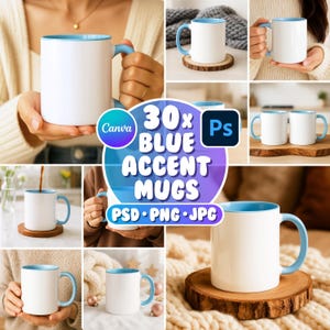 30x Light Blue Accent Mug Mockup Bundle, PSD PNG JPG Mug Mockup, Printify Mug, Smart Object, Photoshop Mockup, 11 oz Light Blue Mug Handle