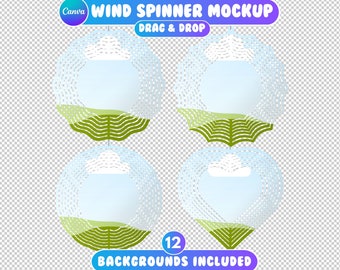 May include: A set of 4 wind spinner mockups with a blue sky, white clouds, and green grass background. The mockups are in a circular shape with a layered design. The text "WIND SPINNER MOCKUP" and "DRAG & DROP" are at the top of the image. The text "12 BACKGROUNDS INCLUDED" is at the bottom of the image.